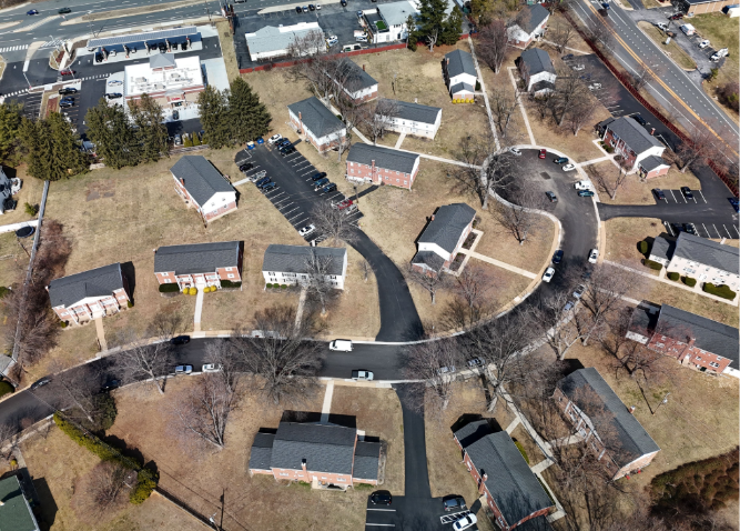 An aerial photo of the apartment buildings at Lancashire Apartments, now known as Larkwood Apartments.