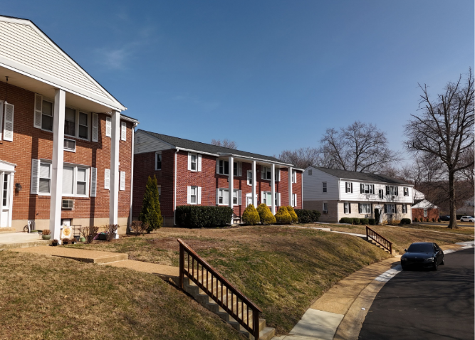 An exterior photo of one of the apartment buildings at Lancashire Apartments, now known as Larkwood Apartments.