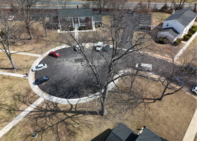 An aerial photo of the apartment buildings at Lancashire Apartments, now known as Larkwood Apartments.