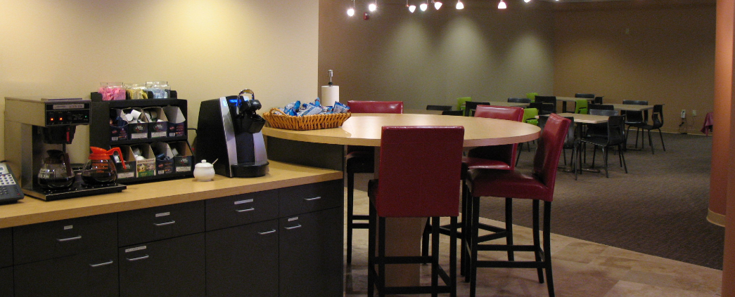 An interior picture of the cafe in the law office.