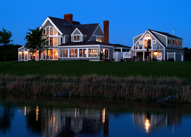 An exterior photo of the Church Hill home taken in the evening