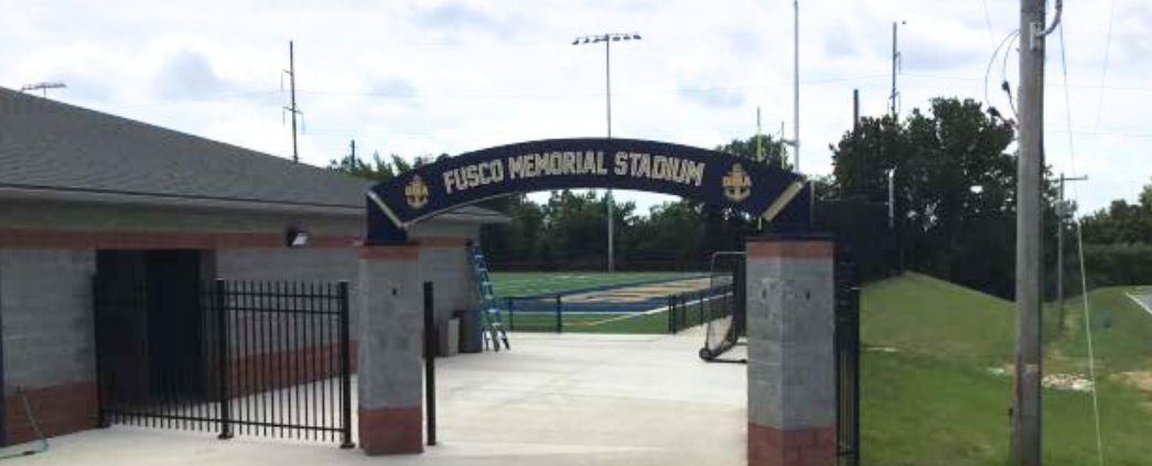 A picture of the stadium sign at Fusco Memorial Stadium