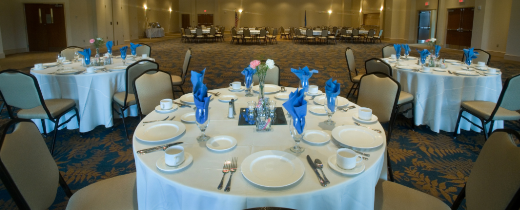 A photo of the banquet room in the Plumbers & Pipefitters building.