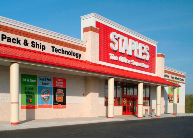 A picture of the exterior of a Staples store