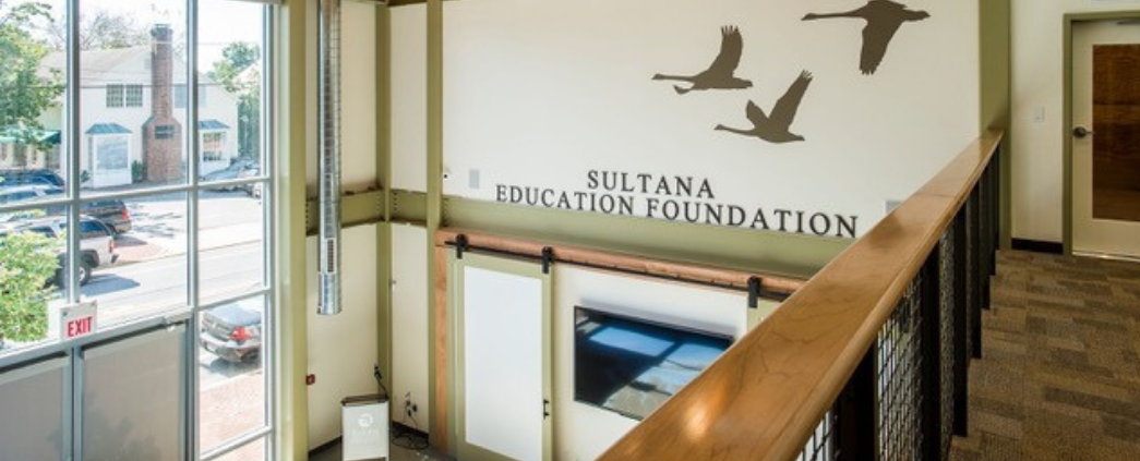 An interior photo of the lobby at the Sultana Education Foundation