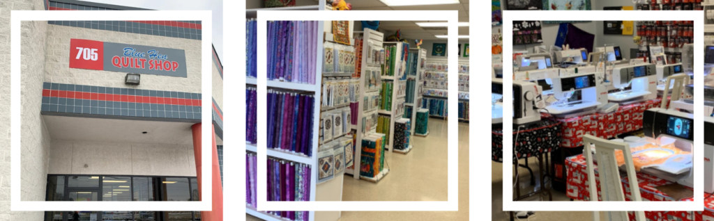 A collage of photos showing the exterior and interior of Blue Hen Quilt Shop